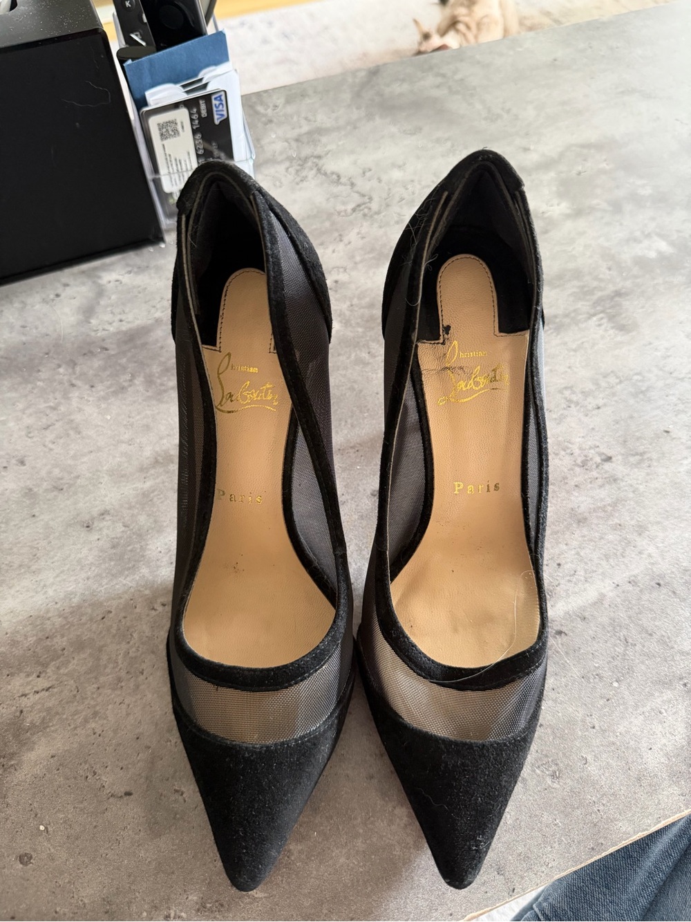 Christian Louboutin Black Mesh Pointed-Toe Suede Pumps with Transparent Panel - Picture 7 of 10